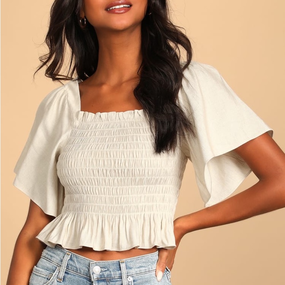 Lulus Your Sunshine Beige Smocked Flutter Sleeve Top